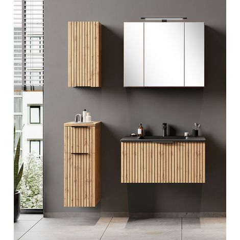 Badmöbel Set 4-teilig inkl. Waschtisch 80cm in Eiche, Fronten gestreift, LIVINGSTON-03 (1/5)