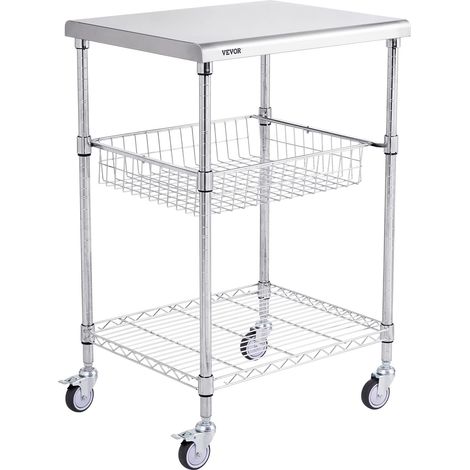 Desserte à roulettes à 3 Niveaux Chariot de Rangement Multifonctionnel en Acier 61x50,8x67,6 cm Charge 213,2 kg Roues Verrouillables 6 Crochets pour Stockage Buanderie Cuisine Restaurant Bureau (1/5)