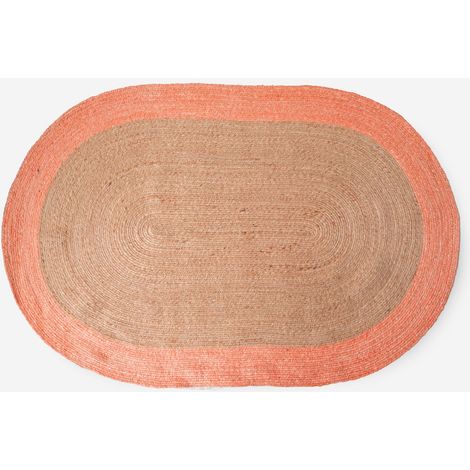 ALFOMBRA OVALADA YUTE BICOLOR NATURAL Y CORAL 120X180CM