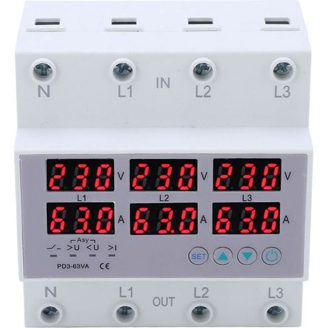 3-Phase DIN Rail Voltmeter/Ammeter with Automatic Over-Current and Over-Voltage Protection, AC 390–500V, 63A