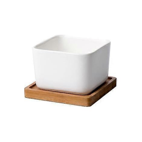 Einfaches weißes kreatives quadratisches Keramik-Blumentopf-Set für den Schreibtisch mit Bambustablett, Sukkulenten-Pflanztopf-Set (1 Stück) (1/5)