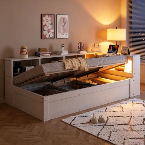 Letto multifunzione 90x200 cm, con presa multifunzione, vani contenitore, LED, meccanismo idraulico, MDF bianco (1/5)