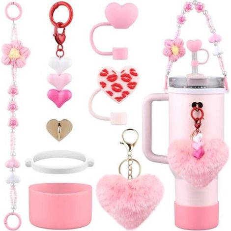 Adecuado para termos y botellas de agua Stanley - Cadenas para vasos y tapas con pajita navideñas - Adecuado para botellas de agua Stanley - Rosa (1/2)
