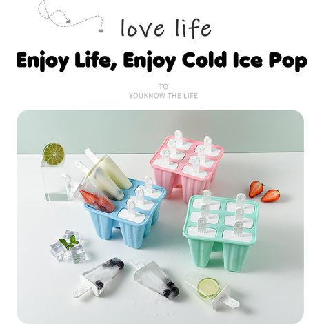 Stampi per ghiaccio in silicone riutilizzabili, 6 pezzi, senza BPA, facili da sformare, con bastoncini, per bambini e adulti, ideali per fare il ghiaccio in casa. (1/5)