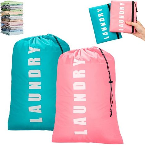 Lot de 2 sacs à linge : sac à linge de voyage, sac à linge à cordon, grand sac à linge, sac à linge étudiant, sac à linge sale, sac à linge léger, vert et rose, 90 cm x 60 cm, 80 L. (1/5)