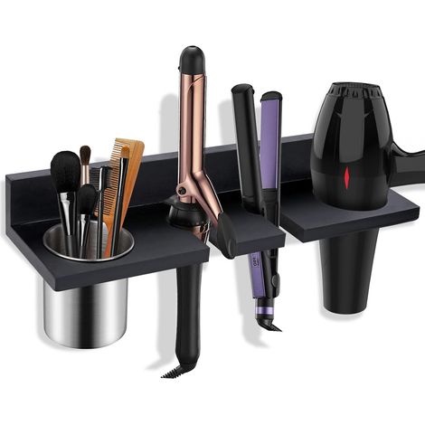 Support Mural Pour Séche-Cheveux - Organisateur Pour Outils De Coiffure En Bois - Pour Fer À Lisser, Brosse Et Accessoires - 4 Compartiments - Noir (1/5)