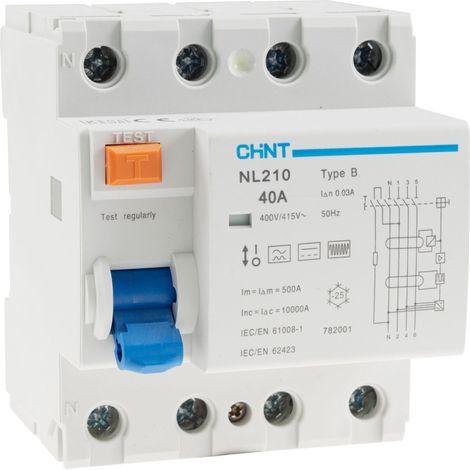 Chint 782001 Interrupteur différentiel à courant résiduel Interrupteur différentiel sensible tous courants B/10 kA 3 pôles 40 A 0.03 A Y251382 (1/3)