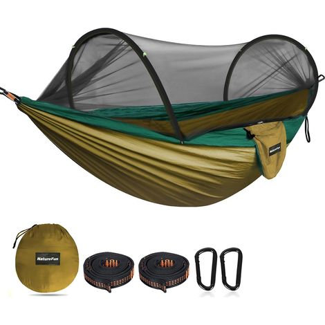 Hamac de Camping Ultra-léger Hamac en Filet Anti-moustiques Capacité de Charge de 300 kg,Nylon de Parachute Respirant à séchage Rapide 2 mousquetons Haut de Gamme,2 x élingues en Nylon (1/5)