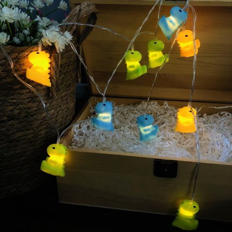 Guirlande lumineuse dinosaure de 3 m à 20 LED - Veilleuse à piles et USB - Lampe décorative pour anniversaire d'enfant, chambre d'enfant, fête, camping (3 dinosaures de couleur) (1/5)