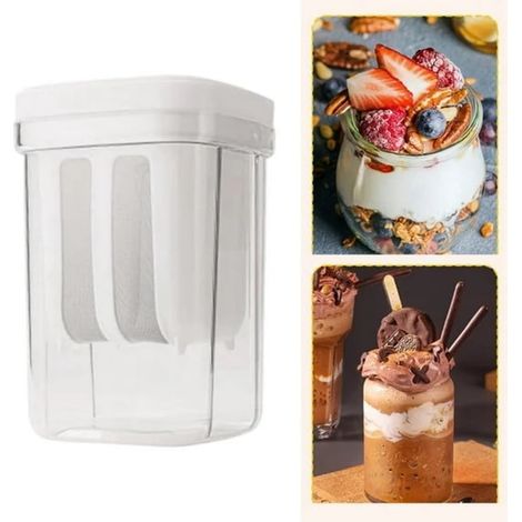 Dieser auslaufsichere Behälter verfügt über einen herausnehmbaren Siebfilter und eignet sich perfekt für die Zubereitung von Frühstücksflocken, Joghurt-Parfaits, Müsli, Fruchtschichten und vielem mehr (1/5)