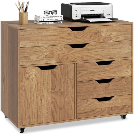 COSTWAY Contenitore con rotelle con 5 cassetti e armadio, schedario mobile con rotelle, cassettiera con piano di lavoro, carrello contenitore da ufficio in legno per la casa, lufficio (naturale, 77,5 (1/5)