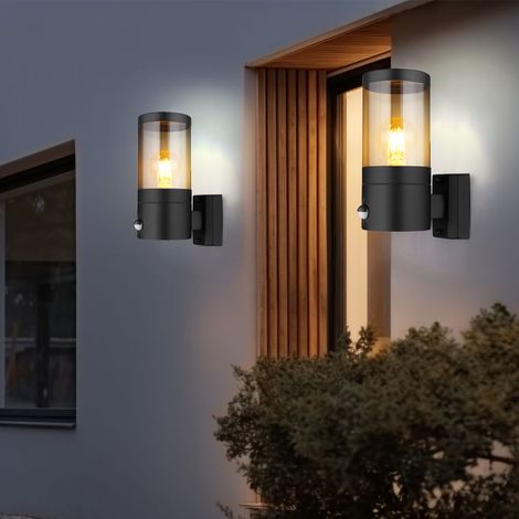 Wandlampe Außenleuchte mit Bewegungsmelder Gartenleuchte Fassadenleuchte, IP44, Edelstahl, schwarz rauch, 1x E27, HxBxÜ 24,5x10,2x17cm, 2er Set