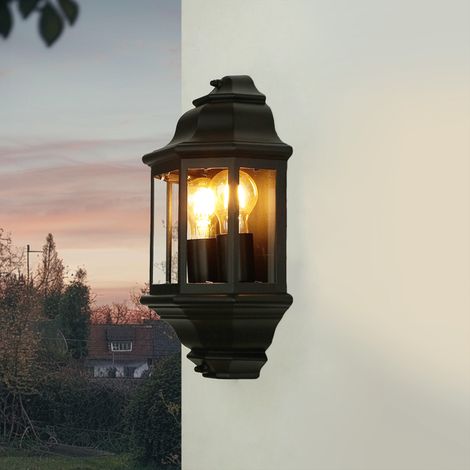 Wandlampe außen Schwarz H: 43 cm 2x E27 Alu Glas Maritim Außenleuchte Wand Haus