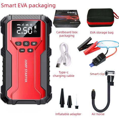 Démarreur de voiture 4 en 1 (rouge) : chargeur de voiture multifonctionnel 12 V, batterie externe, pompe à air (1/5)