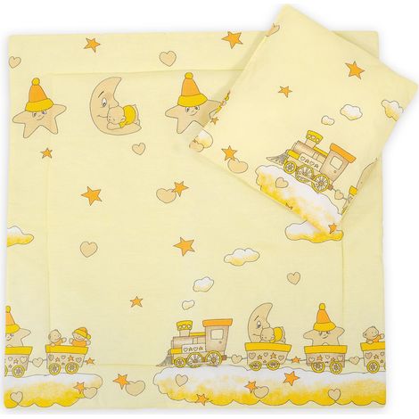 Ropa de cama para cochecito con relleno, edredón y almohada - Tren color crema alegre