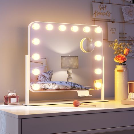 SONNI Hollywood Spiegel mit Beleuchtung, 14 Dimmer Leuchten 3 Lichtmodus Schminkspiegel mit Beleuchtung, Handyhalterung, USB-Funktion und Lupe 50×47cm (1/5)