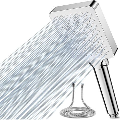 Pommeau de douche carré 6 jets avec flexible 1,5m, haute pression, économie d'eau (1/5)
