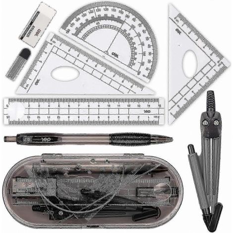 Un kit d'outils de géométrie en, comprenant un compas, un rapporteur, une règle et une mallette de transport, adapté aux étudiants. (1/5)