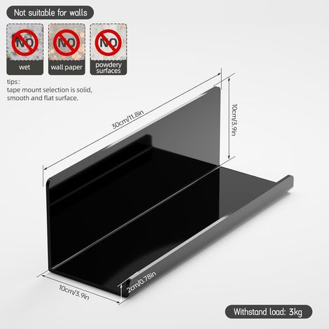 Juego de 2 estantes de pared acrílicos, no requieren perforación - Negro - 30 cm - Adhesivos para cocina, flotantes para fotos, adhesivos para baño