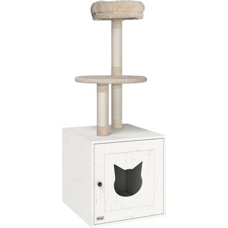 Arbre à chat 129 cm avec cache-litière intégré, tour de jeu 2-en-1, maison toilette, poteaux à griffer, couleur crème. (1/5)