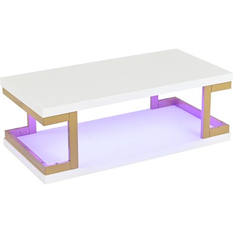 Table basse rectangulaire blanche et or avec éclairage LED, MDF et métal, 100x50x37,5 cm, pour salon et bureau (1/5)