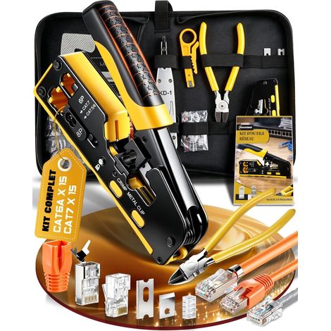 Kit Pince à Sertir RJ45 Pass-Through, 30 Connecteurs Antidérapante et précise, avec 15 x Cat6a, 15 x Cat7, outil de pose LSA et testeur de réseau, pour bricoleurs et techniciens (1/5)