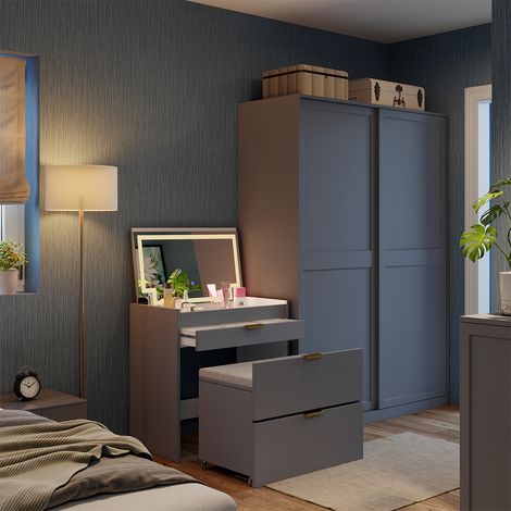 Tavolino da toilette Wanja, Grigio, 80 cm con panca e specchio LED, Vicco