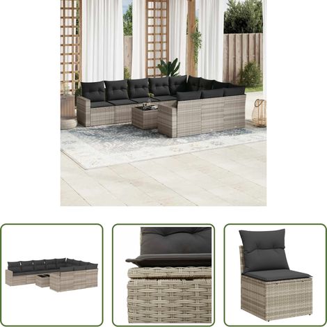vidaXL Rattanmöbel - 11-tlg. Garten-Sofagarnitur mit Kissen Hellgrau Poly Rattan (1/5)