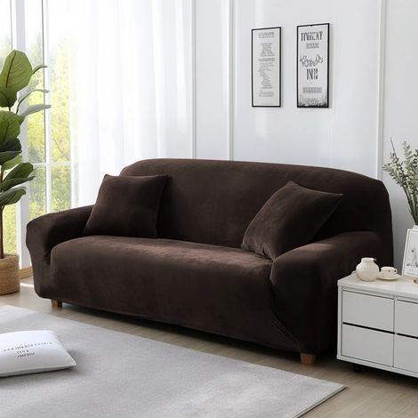 Housse de canapé en velours extensible, deux places (145-185 cm), couleur café (1/5)
