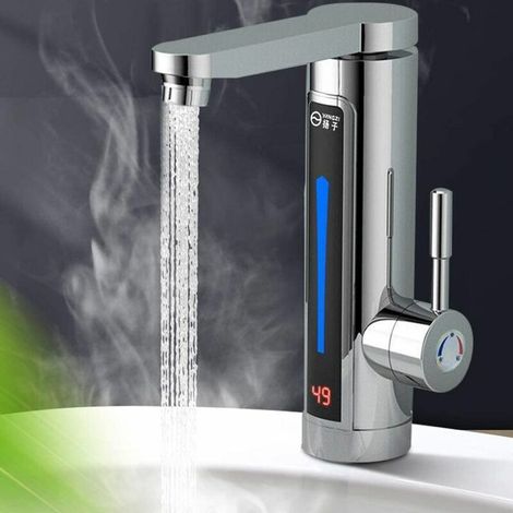 Tigrezy LED 3300W robinet salle de bain chauffe-eau instantané robinet électrique chauffage instantané 360° rotatif pour cuisine et salle de bain argent