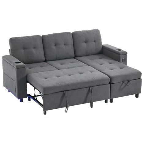 Sofá cama, sofá de 3 plazas con iluminación LED y puertos USB, 2 portavasos, compartimento de almacenamiento, gris (1/5)