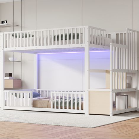 DESVIAE Lit superposé 90 x 200 cm avec échelle de rangement tête de lit LED barrières de sécurité blanc métal MDF (1/5)