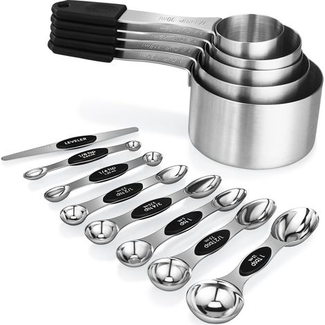 Juego de tazas y cucharas medidoras magnéticas de acero inoxidable (5 tazas medidoras + 8 cucharas medidoras de doble cara con raspador) (1/5)