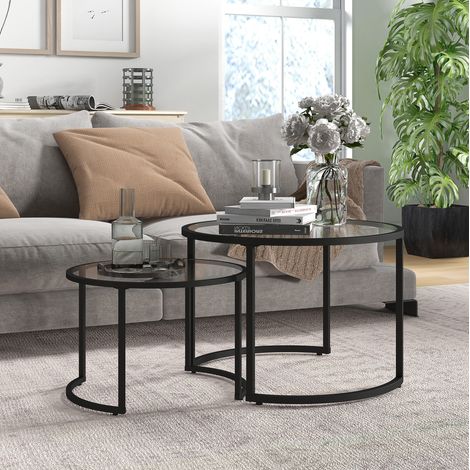 Lot de 2 tables basses gigognes en verre trempé avec structure métal noir, rondes et empilables pour salon et lounge, gain de place – CHICFURN (1/5)