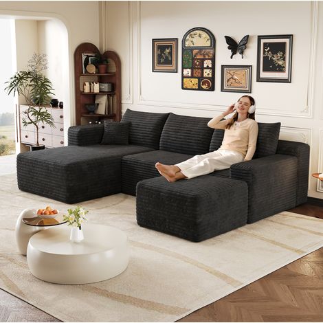 REDOM - Canapé d'angle modulaire, sans montage, chaise longue réversible, assise profonde, tissu noir (1/5)