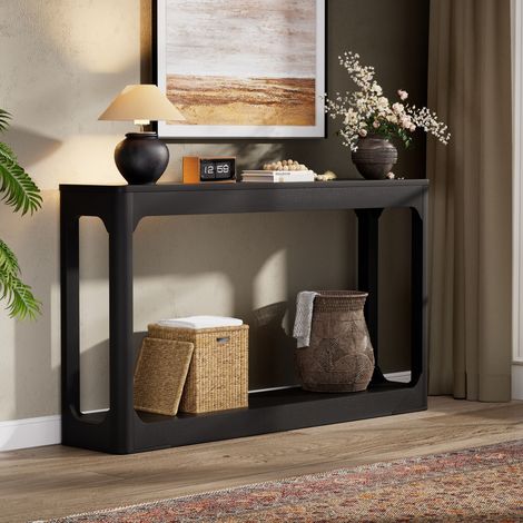 Table console incurvée 140 cm avec étagères de rangement, noir. Meuble à deux niveaux idéal derrière canapé, parfait pour entrée, couloir ou vestibule. (1/5)