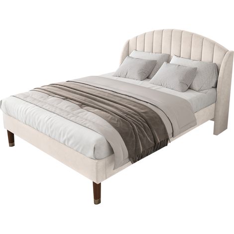 Letto Imbottito, Letto Matrimoniale con Testiera Imbottita, 140 x 190 cm, senza Materasso, Velluto Beige (1/5)