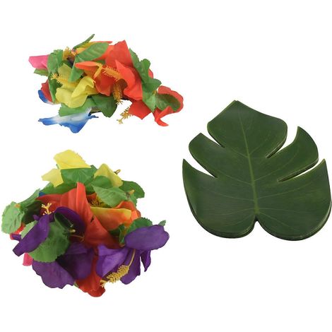60 décorations tropicales pour fête : feuilles de palmier, monstera et fleurs d'hibiscus artificielles de 20 cm, idéales pour une fête hawaïenne sur le thème de la jungle ou de la plage. (1/4)