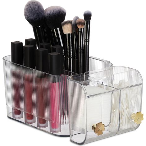 Relaxdays Kosmetik Organizer, 4 Fächer & 2 Haken, Wattestäbchenbehälter, Klebe-Wandmontage, Kunststoff, transparent/gold