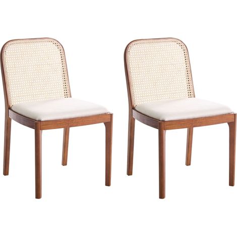 Set of 2 Dining Chairs Brown Polyester Seat Rattan Backrest Rubber Wood Frame Viennese Braid Armless EDINA
