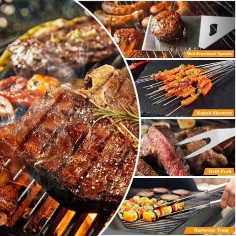 Ensemble d'ustensiles de barbecue en acier inoxydable 9 pièces avec sac de transport, pelle, brosse métallique, pinces et fourchet (1/5)