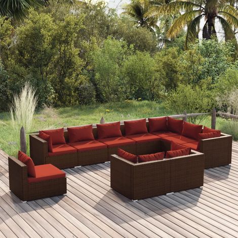 10-tlg. Garten-Lounge-Set mit Kissen Poly Rattan Braun (1/5)