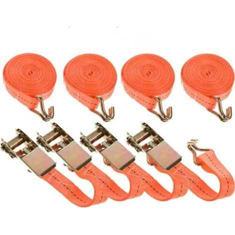 Sangle à cliquet 6 m 1000 kg lot de 4 avec crochets, sangle d’arrimage orange 25 mm pour remorque, moto, camionnette et transport sécurisé (1/5)
