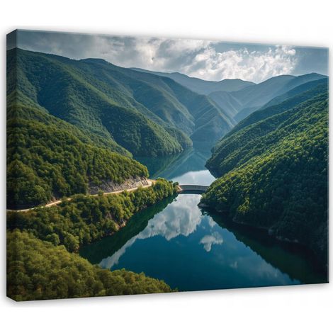 Leinwandbild Fluss und Berge, Natur Landschaft für Schlafzimmer, Wohnzimmer und Küche, hochauflösender Druck, 40 x 30 cm