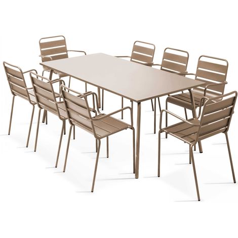 Oviala – Ensemble table et 8 fauteuils de jardin en métal taupe – Structure en acier thermolaqué – Entretien facile – 8 places