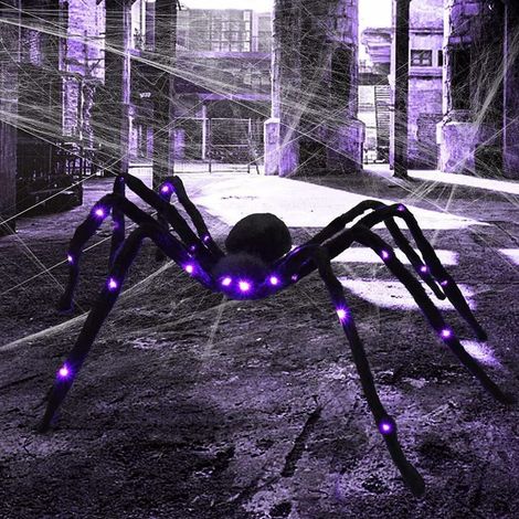 araignee halloween led 75 cm decoration festive effrayante pour jardin interieur exterieur araignee geante realiste avec yeux violet lumineux 1 piece (1/5)