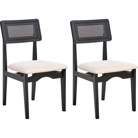 Conjunto de 2 sillas de comedor asientos poliéster respaldo ratán sintético estructura caucho lacado sin reposabrazos retro negro Rubonia (1/5)