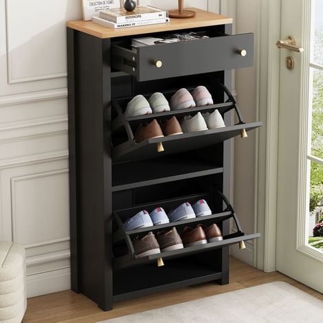Meuble À Chaussures 50x25x95cm 2 Abattants 1 Tiroir Noir Et Bois - Rangement Chaussures - Gain De Place Étagère Réglable Pour Entrée (1/5)