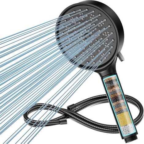 Pommeau de douche avec filtre anti-calcaire et flexible avec filtre à 20 étapes, 6 jets, pommeau de douche haute pression pour salles de bains (noir) (1/5)