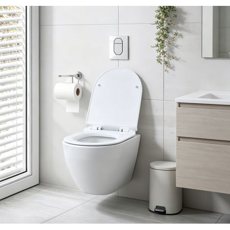 WILITTO WC Suspendu en Céramique Blanche - Cuvette de WC Moderne avec Chasse d'Eau Turbo 360°, Abattant à Fermeture Douce et Émail Antibactérien, pour Salle de Bain, Design Épuré et Économe en Eau (1/5)